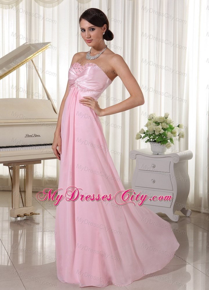 Chiffon and Satin Sweetheart Baby Pink Beaded Prom Dress