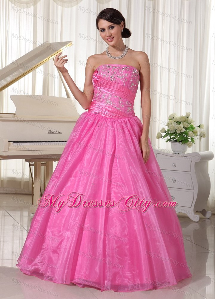 A-line Rose Pink Ruched Prom Dress With Embroidery Beading