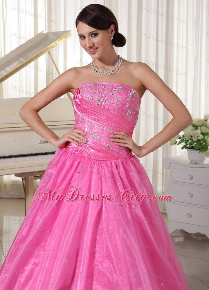 A-line Rose Pink Ruched Prom Dress With Embroidery Beading