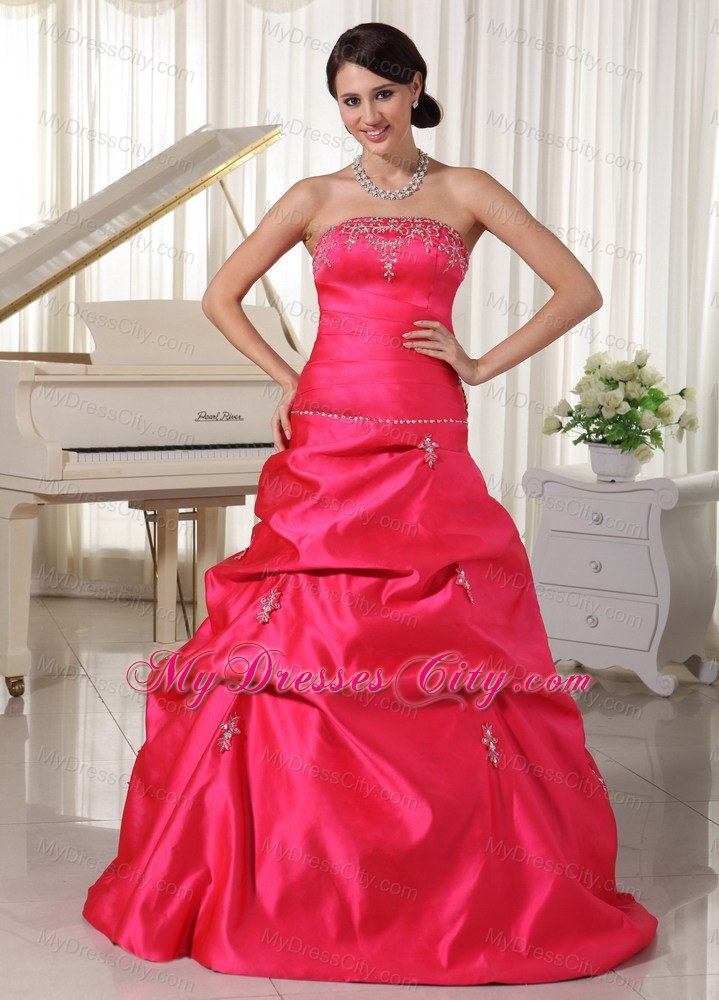 Taffeta Coral Red Appliques Beaded Prom Dress With Pick-ups