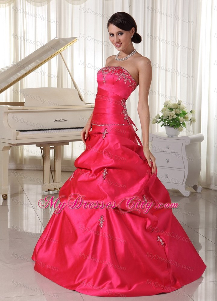 Taffeta Coral Red Appliques Beaded Prom Dress With Pick-ups