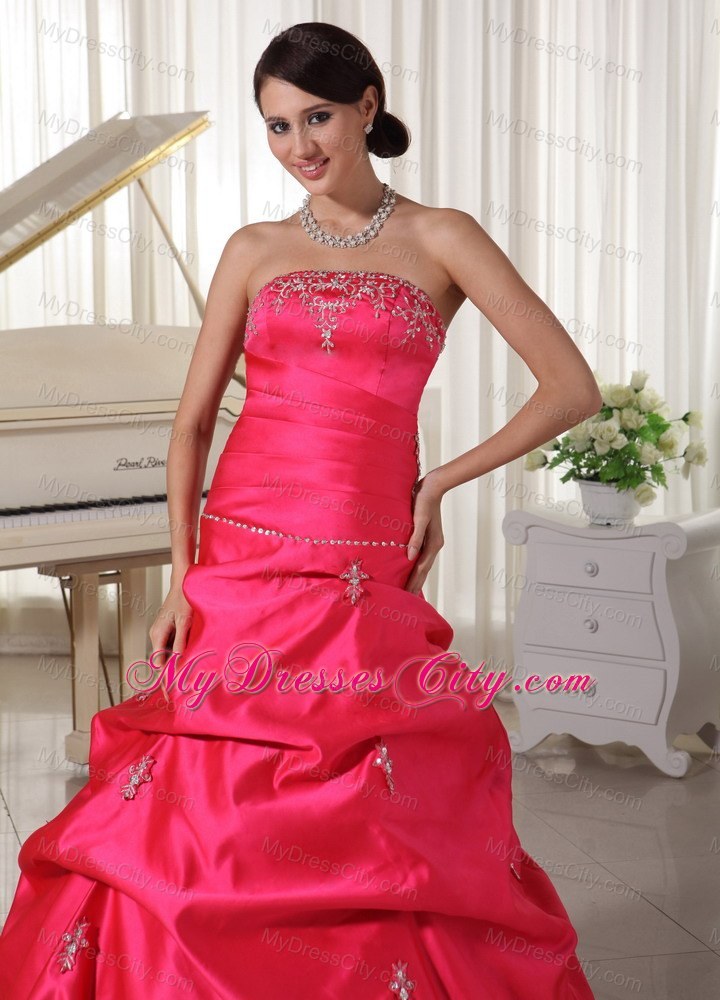 Taffeta Coral Red Appliques Beaded Prom Dress With Pick-ups