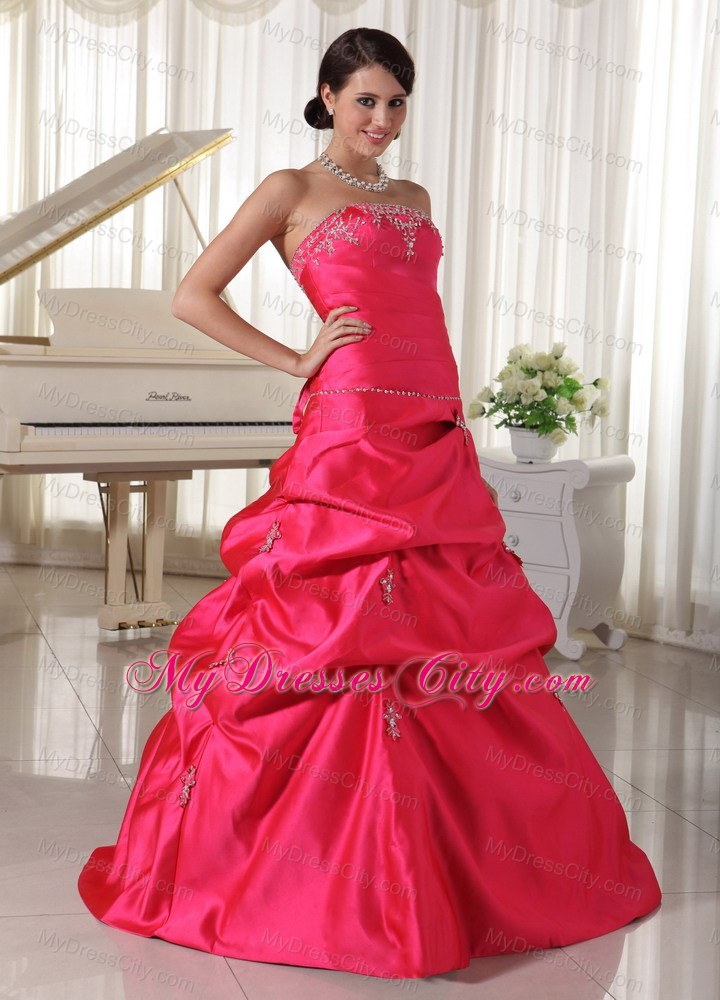 Taffeta Coral Red Appliques Beaded Prom Dress With Pick-ups