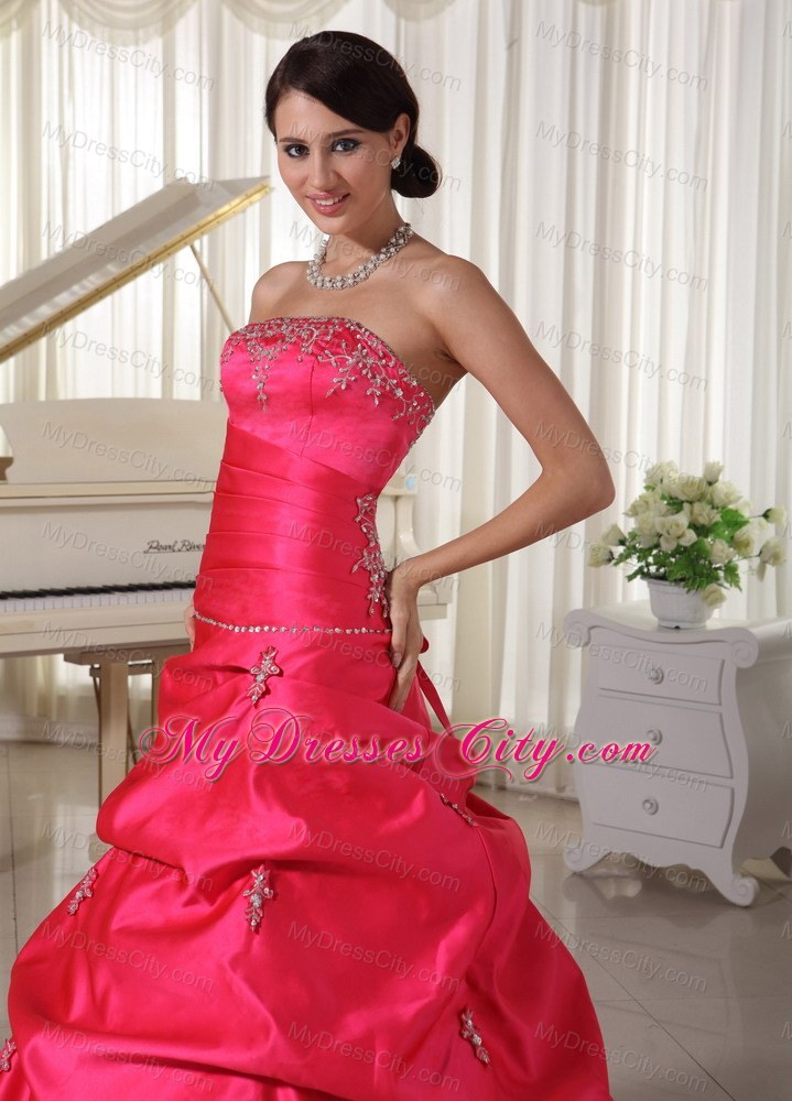 Taffeta Coral Red Appliques Beaded Prom Dress With Pick-ups