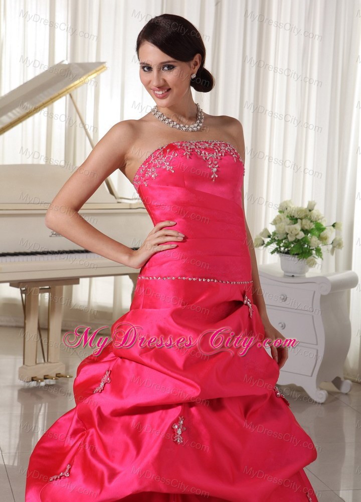 Taffeta Coral Red Appliques Beaded Prom Dress With Pick-ups