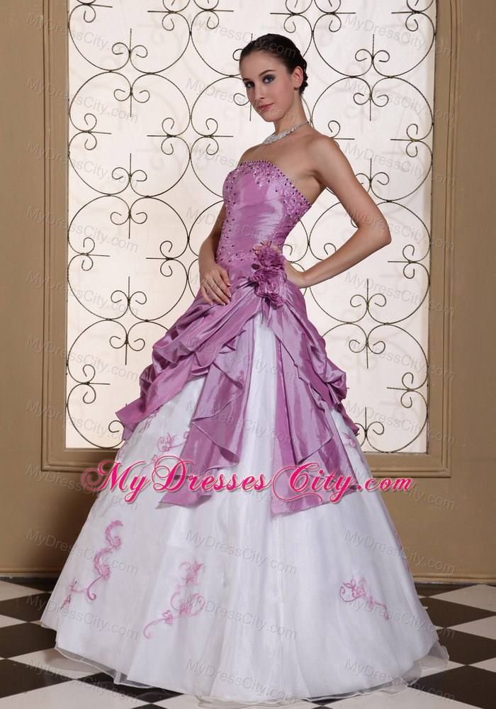 White and Lavender Floral Embroidery Prom Gown Beaded