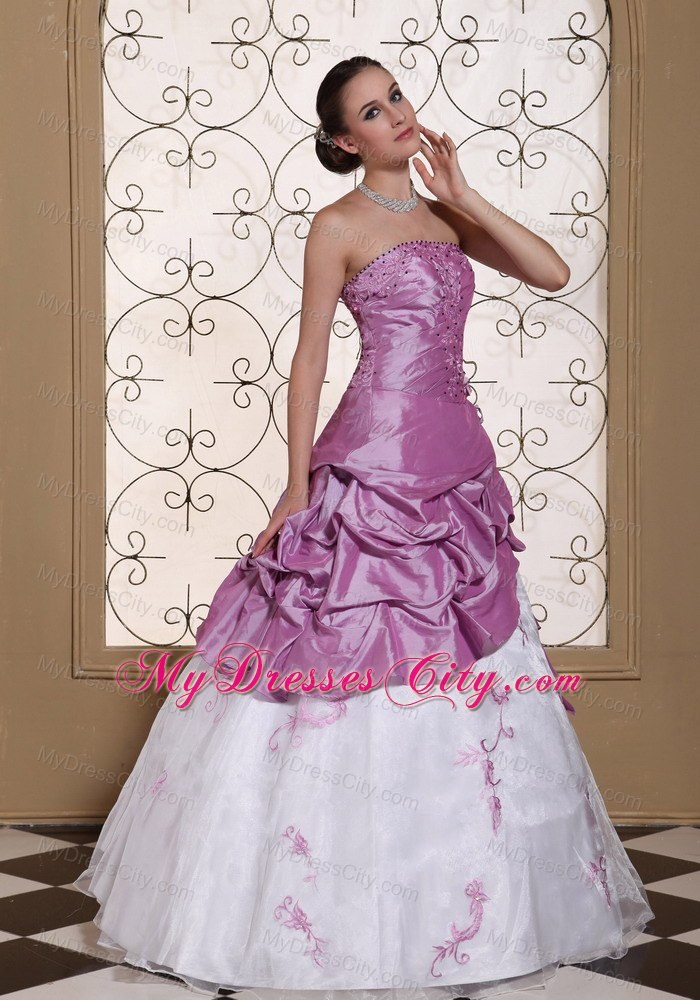 White and Lavender Floral Embroidery Prom Gown Beaded