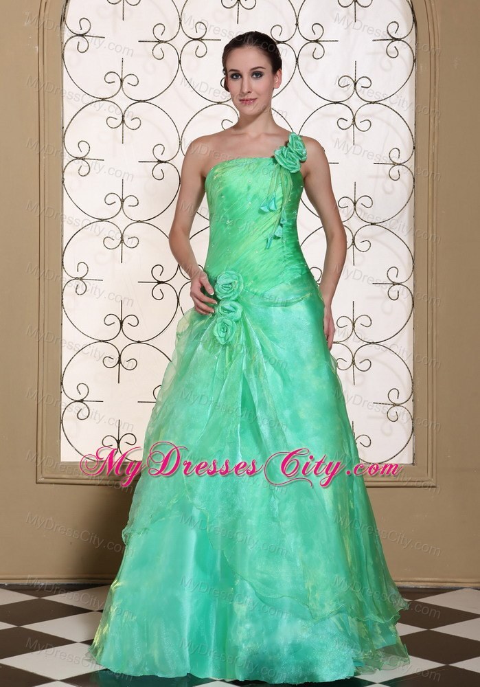 One Shoulder Flowers Turquoise Prom Dress in A-line Design