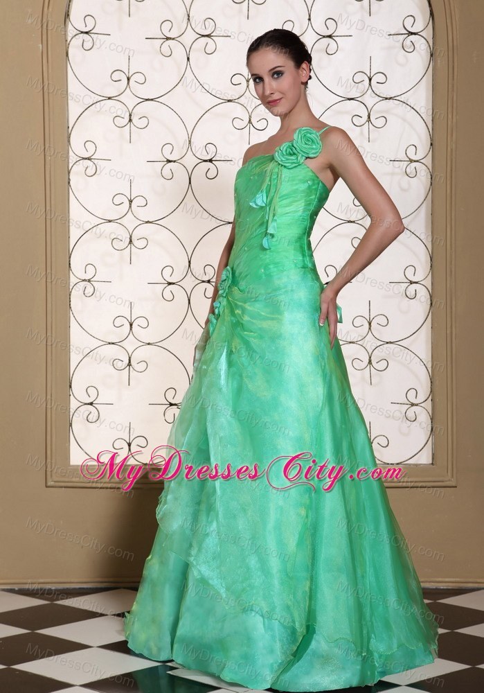 One Shoulder Flowers Turquoise Prom Dress in A-line Design