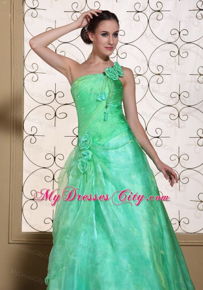 One Shoulder Flowers Turquoise Prom Dress in A-line Design