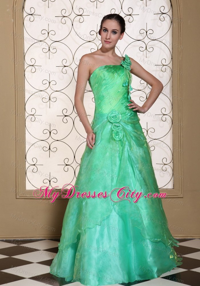 One Shoulder Flowers Turquoise Prom Dress in A-line Design