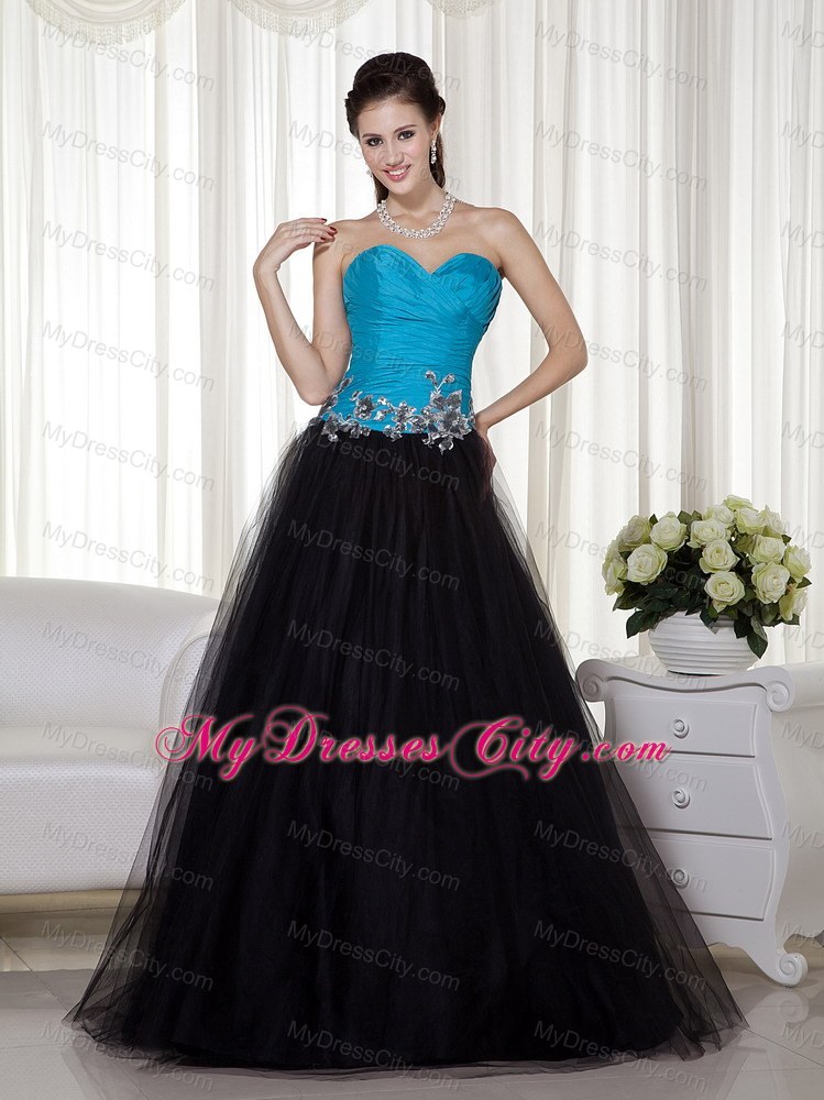 Sweetheart Blue and Black Prom Dress with Tulle Appliques