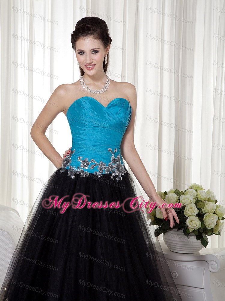 Sweetheart Blue and Black Prom Dress with Tulle Appliques