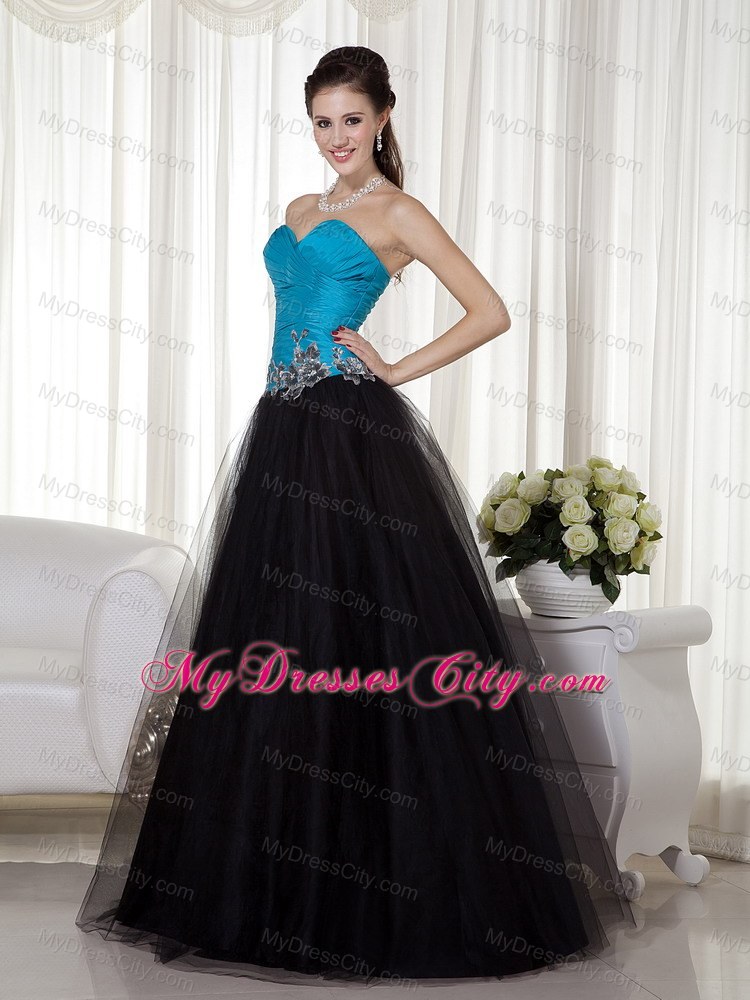 Sweetheart Blue and Black Prom Dress with Tulle Appliques