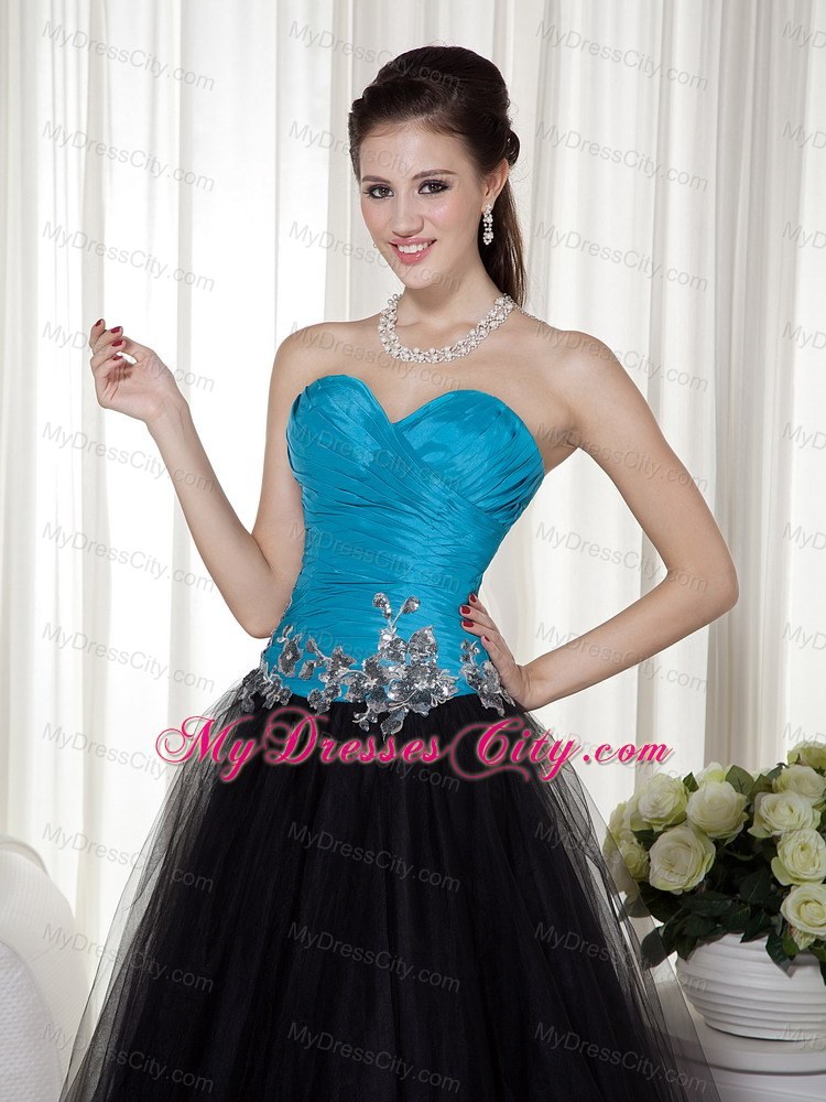 Sweetheart Blue and Black Prom Dress with Tulle Appliques