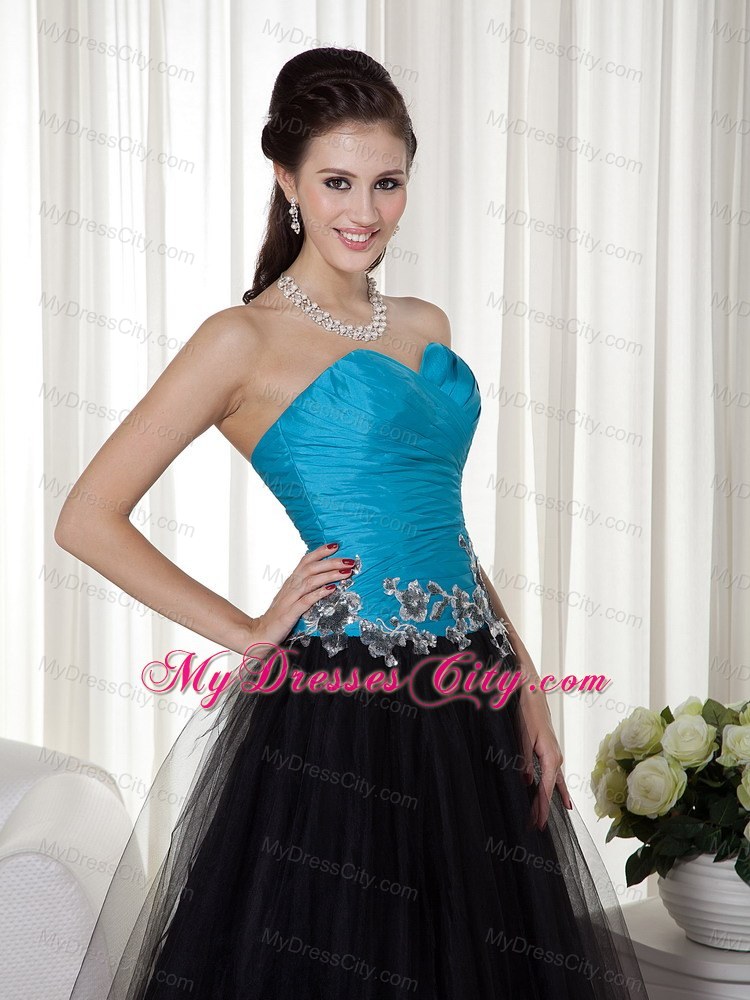 Sweetheart Blue and Black Prom Dress with Tulle Appliques