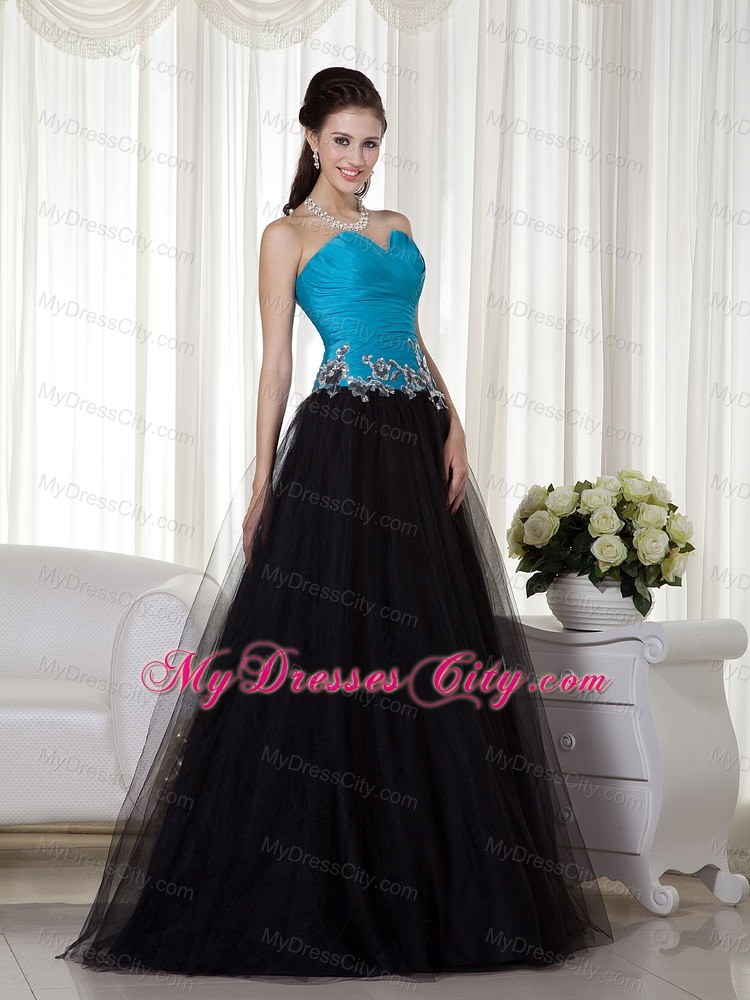 Sweetheart Blue and Black Prom Dress with Tulle Appliques