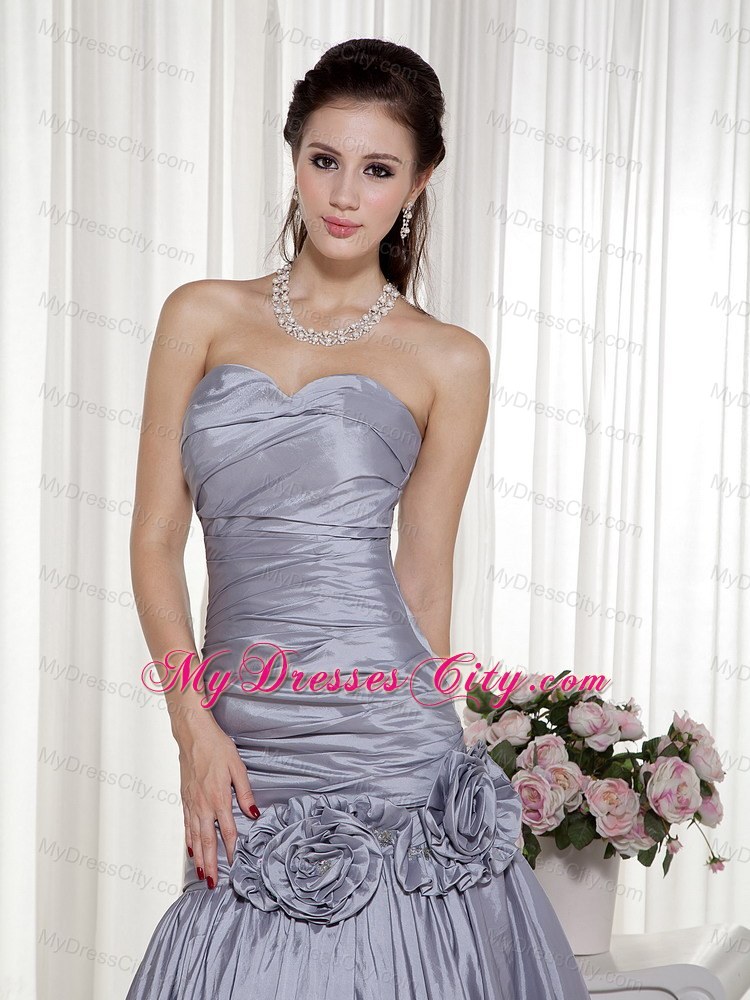 Grey Hand Made Flowers A-line Prom Dress in Sweetheart Ruched