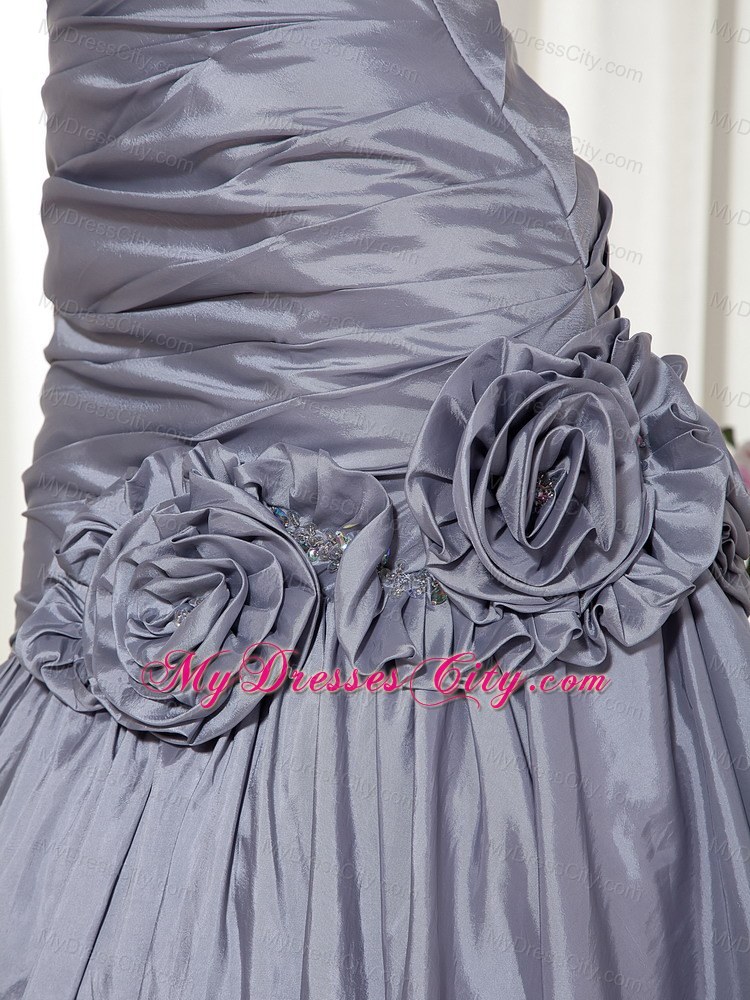 Grey Hand Made Flowers A-line Prom Dress in Sweetheart Ruched