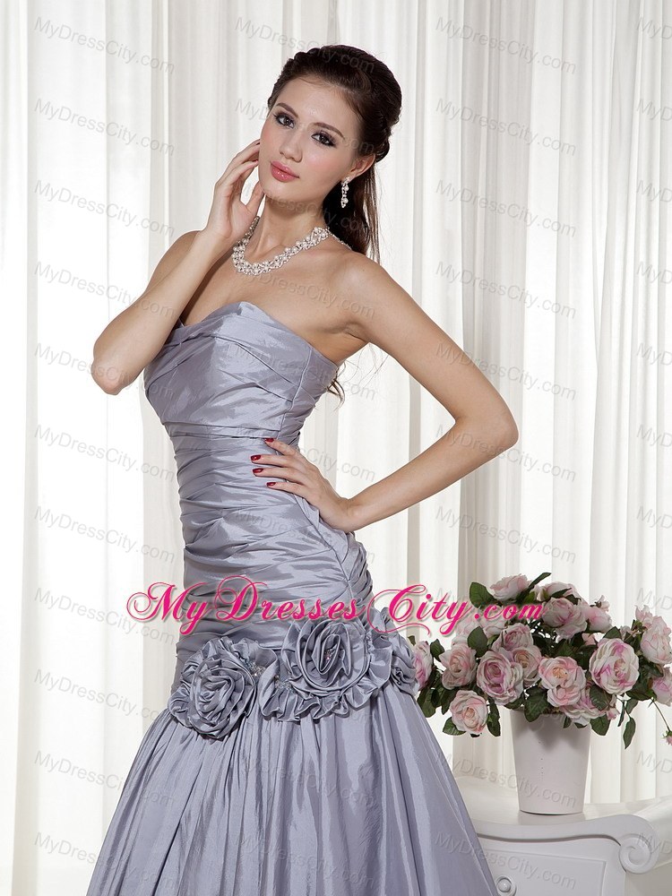 Grey Hand Made Flowers A-line Prom Dress in Sweetheart Ruched