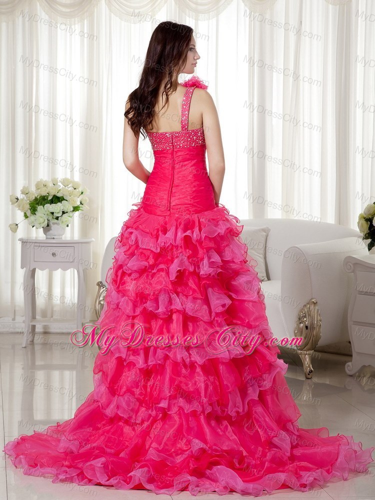 Hot Pink Layered High-low One Shoulder Beaded Prom Dress