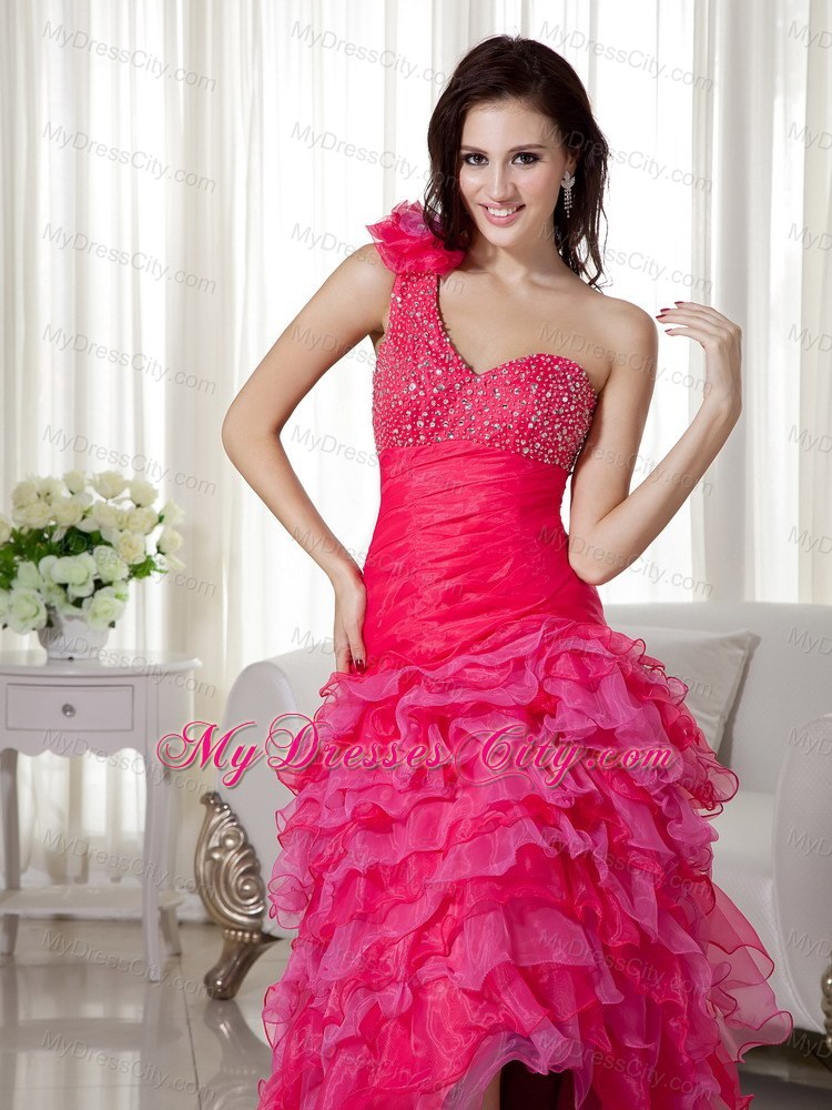 Hot Pink Layered High-low One Shoulder Beaded Prom Dress