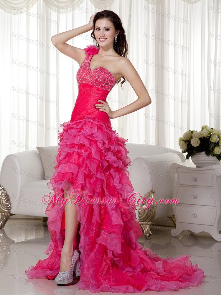 Hot Pink Layered High-low One Shoulder Beaded Prom Dress