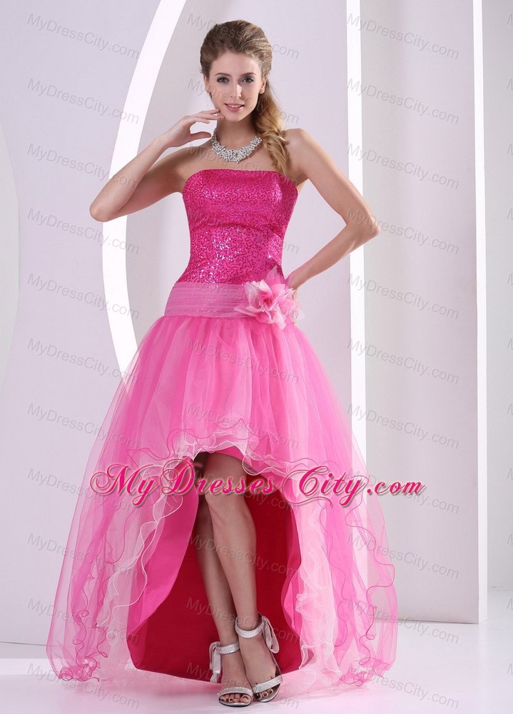 Sequined High-low Hot Pink Hand Made Flower Prom Dress