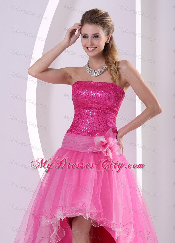 Sequined High-low Hot Pink Hand Made Flower Prom Dress