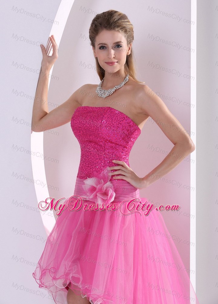 Sequined High-low Hot Pink Hand Made Flower Prom Dress