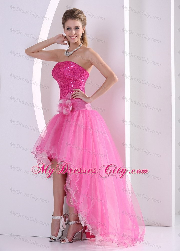 Sequined High-low Hot Pink Hand Made Flower Prom Dress