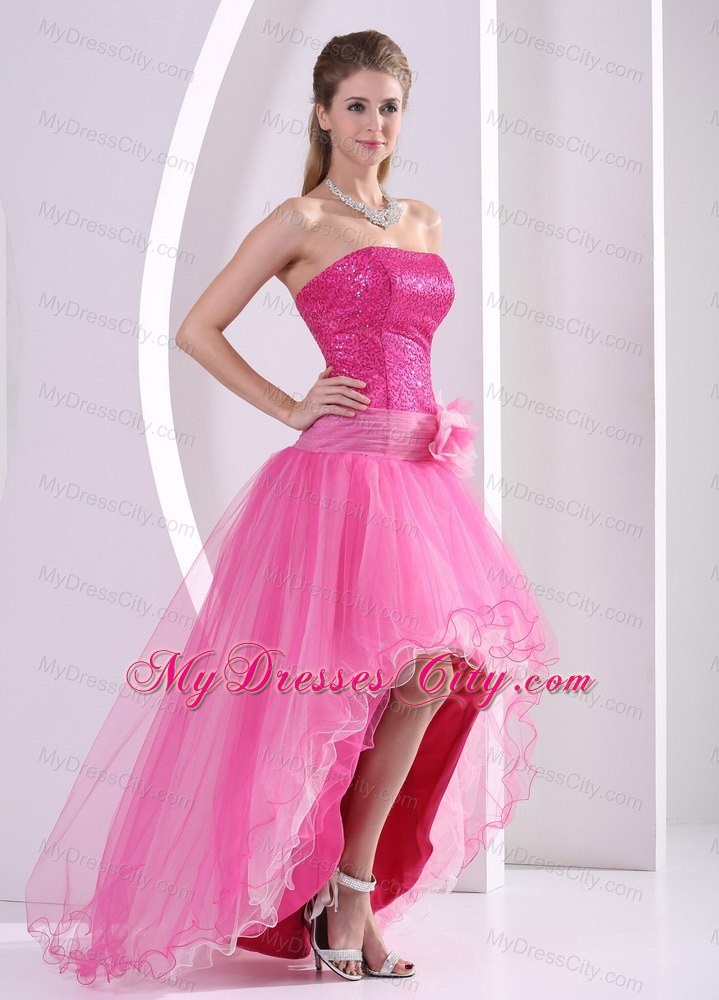 Sequined High-low Hot Pink Hand Made Flower Prom Dress