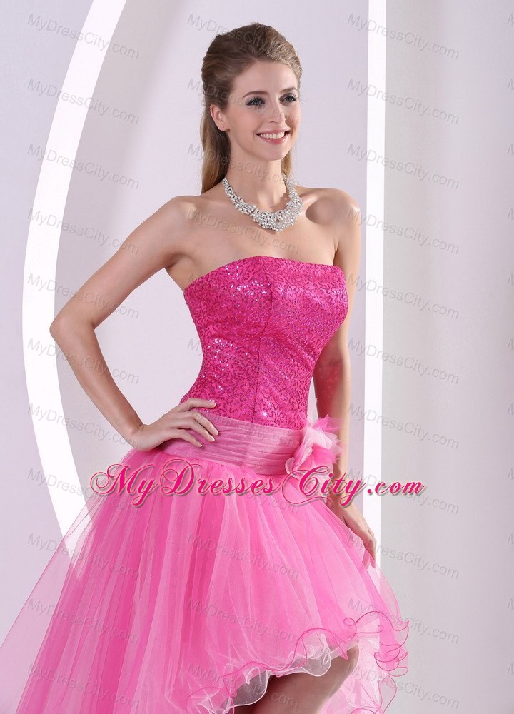 Sequined High-low Hot Pink Hand Made Flower Prom Dress