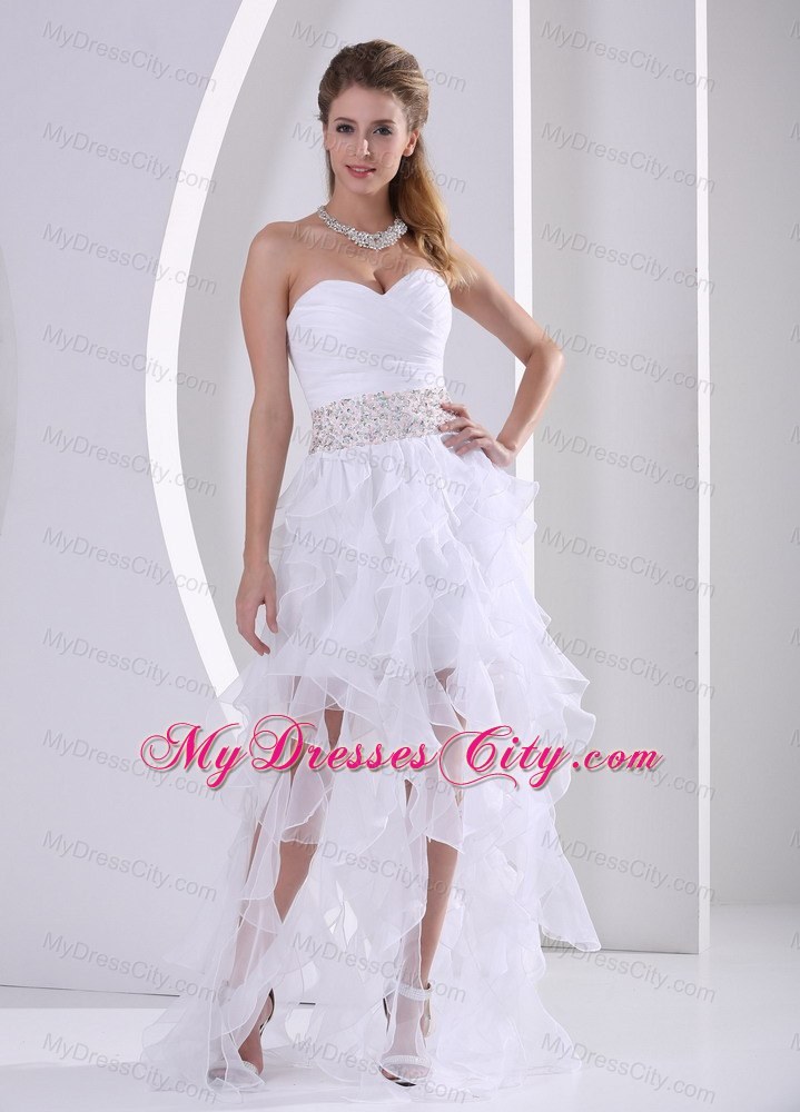 Strapless White Beaded Ruffles Prom Dress With Ruching