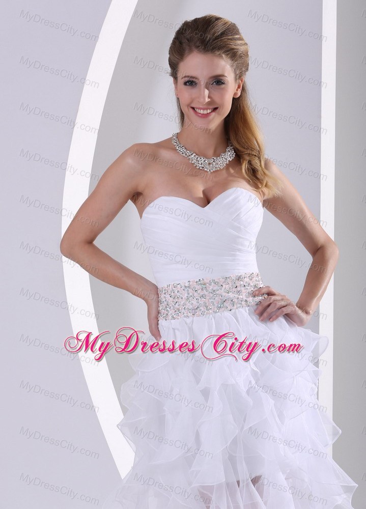 Strapless White Beaded Ruffles Prom Dress With Ruching