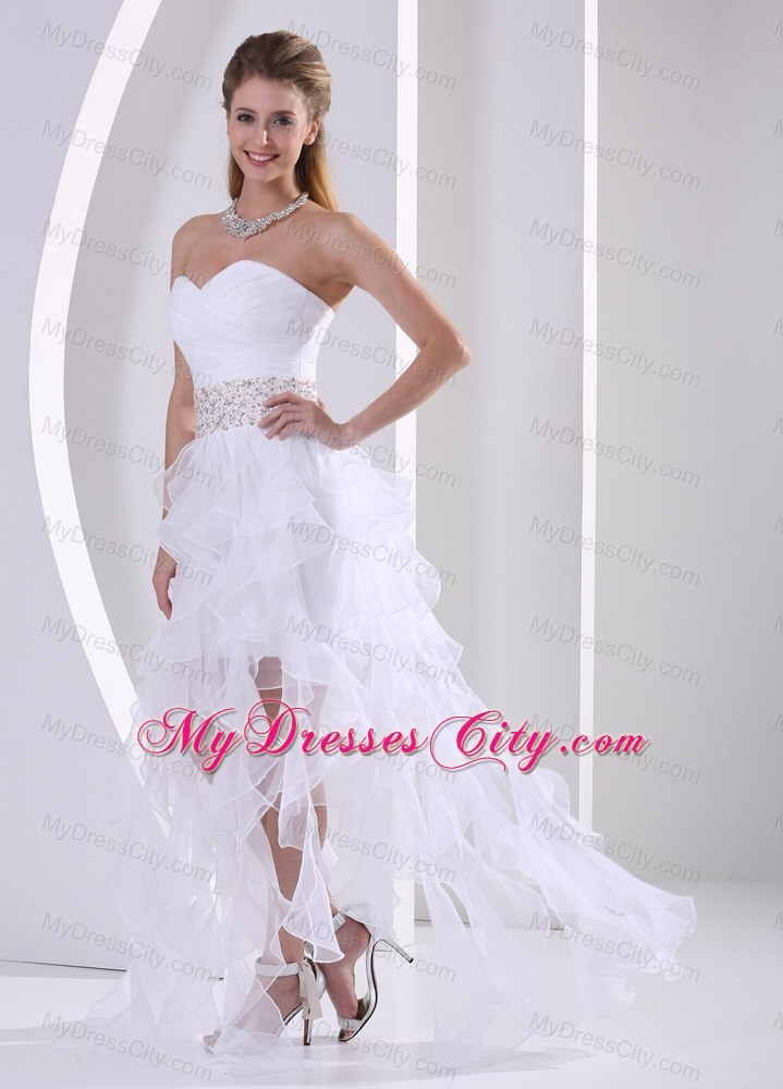 Strapless White Beaded Ruffles Prom Dress With Ruching