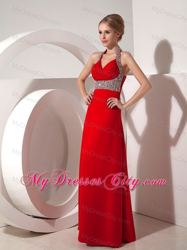 Column Wine Red Halter Prom Dress with Beading and V-neck