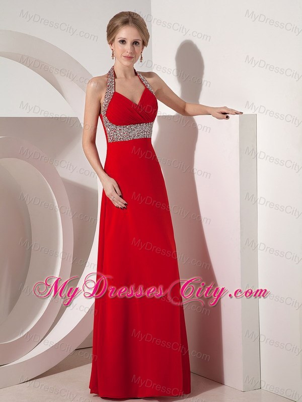 Column Wine Red Halter Prom Dress with Beading and V-neck