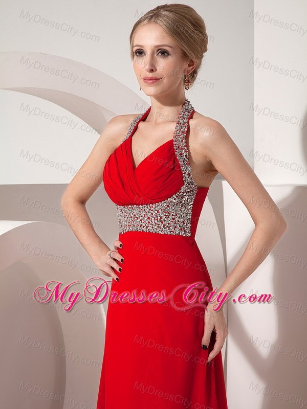 Column Wine Red Halter Prom Dress with Beading and V-neck