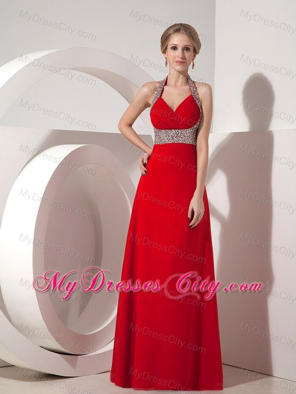 Column Wine Red Halter Prom Dress with Beading and V-neck