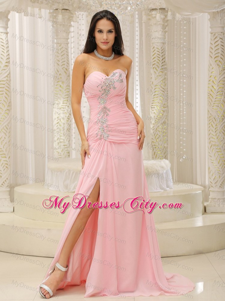 Sweetheart Pink High Slit Brush Beading Prom Gown Ruched