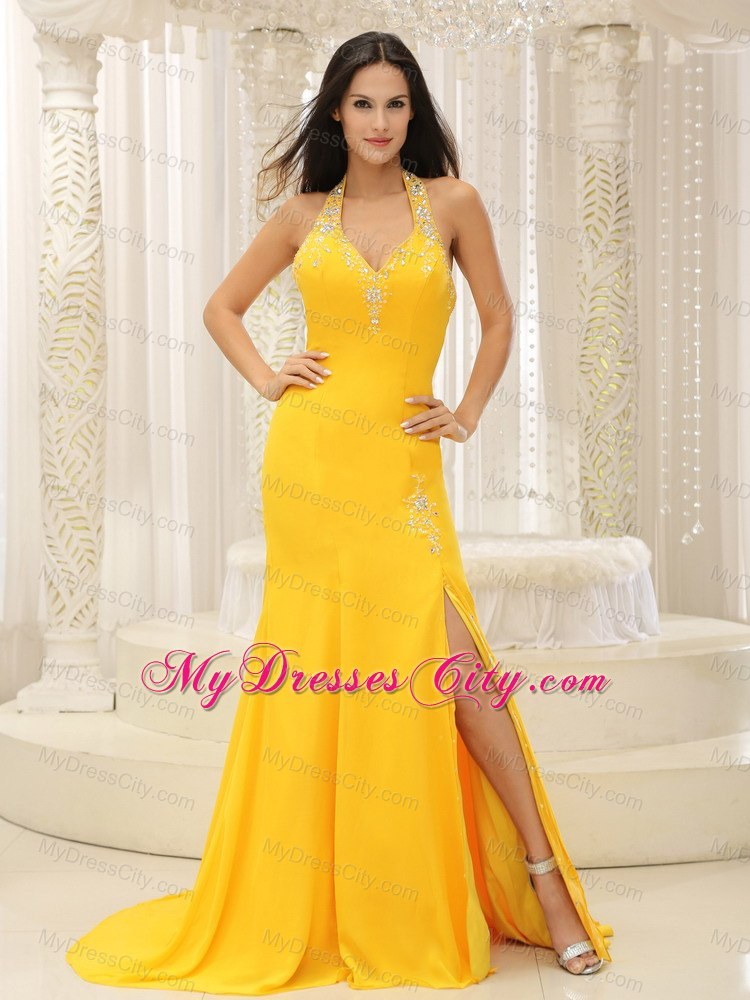 High Slit Yellow Halter Chiffon Brush Train prom Dress