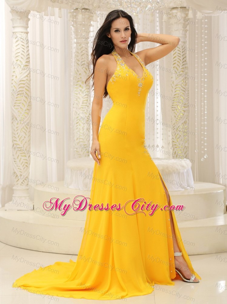 High Slit Yellow Halter Chiffon Brush Train prom Dress