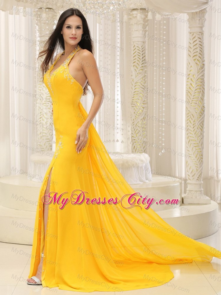 High Slit Yellow Halter Chiffon Brush Train prom Dress