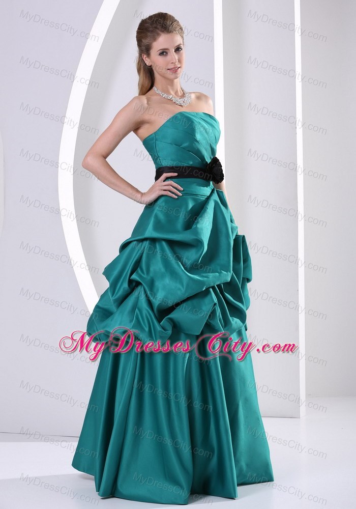 Turquoise Hand Flower Belt Prom Gown With Ruching Pick-ups