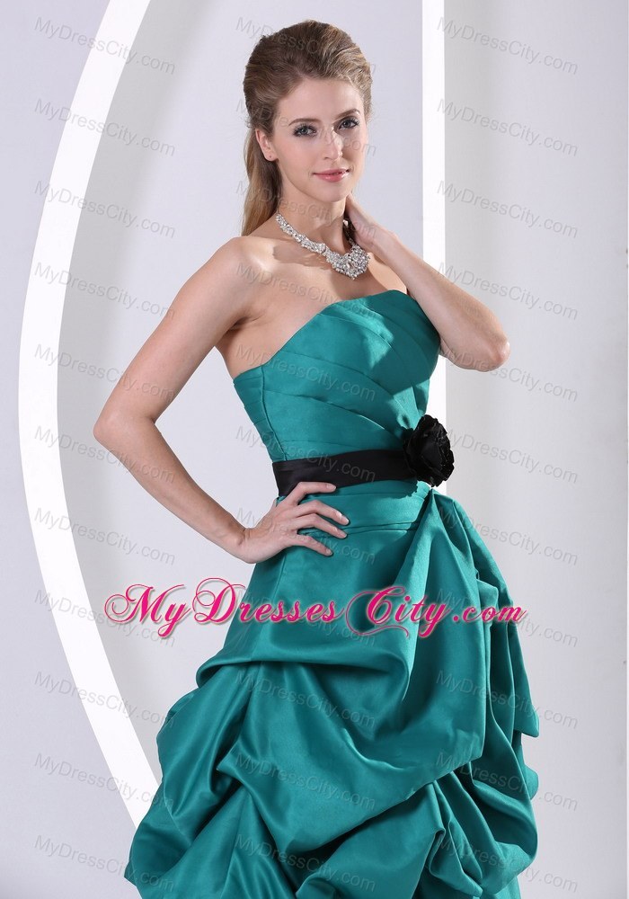 Turquoise Hand Flower Belt Prom Gown With Ruching Pick-ups