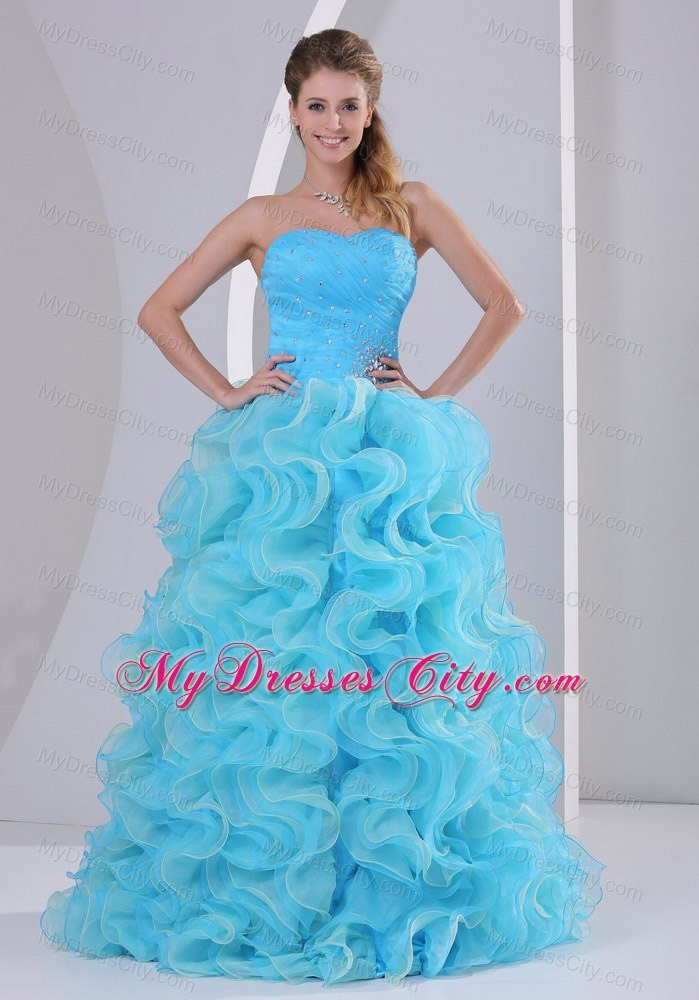 Aqua Blue Organza Sweetheart Prom Dress with Ruffles Beads