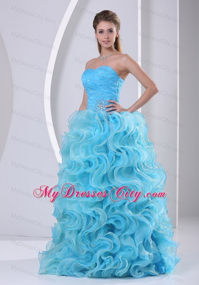 Aqua Blue Organza Sweetheart Prom Dress with Ruffles Beads