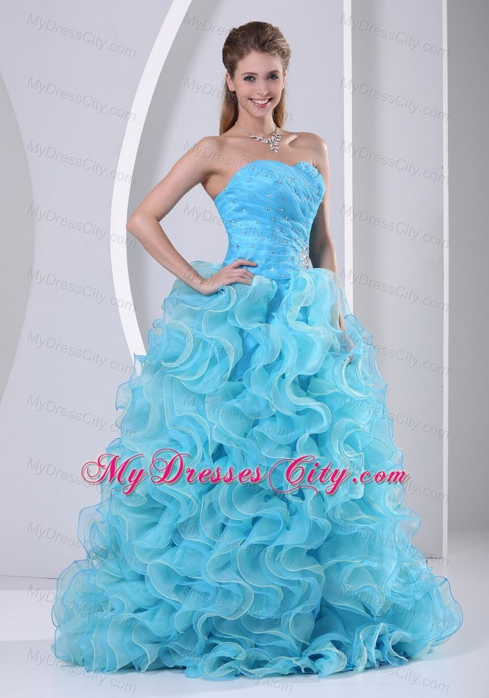 Aqua Blue Organza Sweetheart Prom Dress with Ruffles Beads