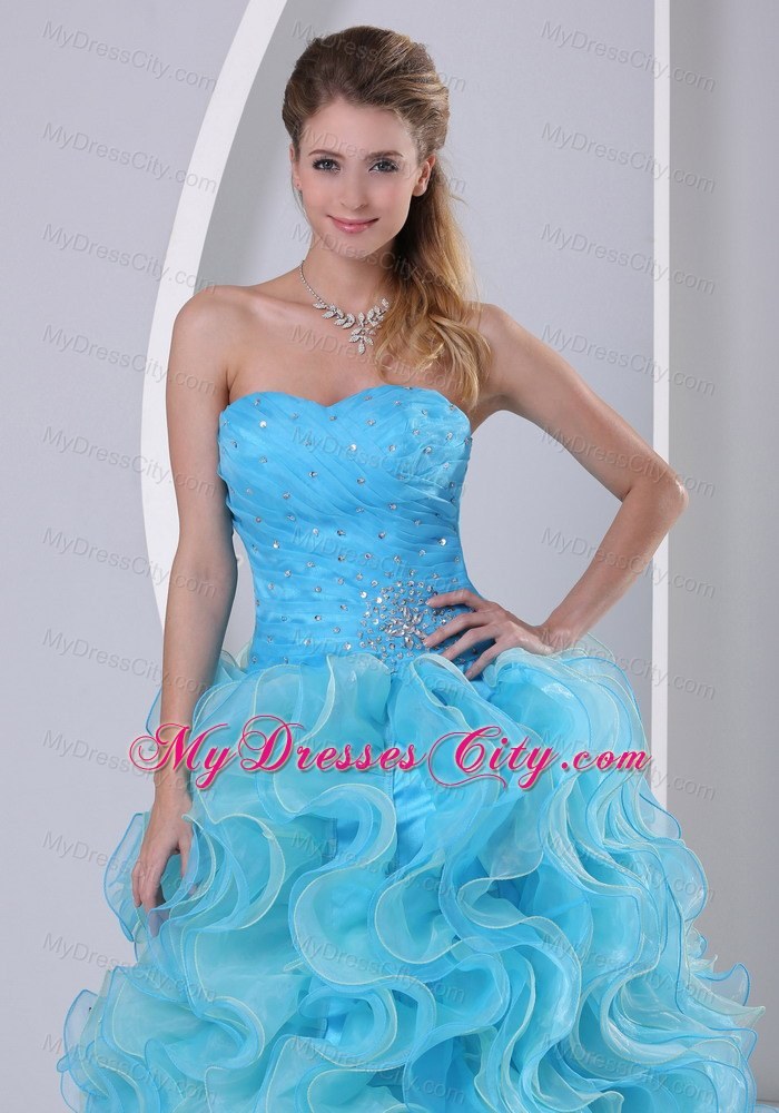 Aqua Blue Organza Sweetheart Prom Dress with Ruffles Beads